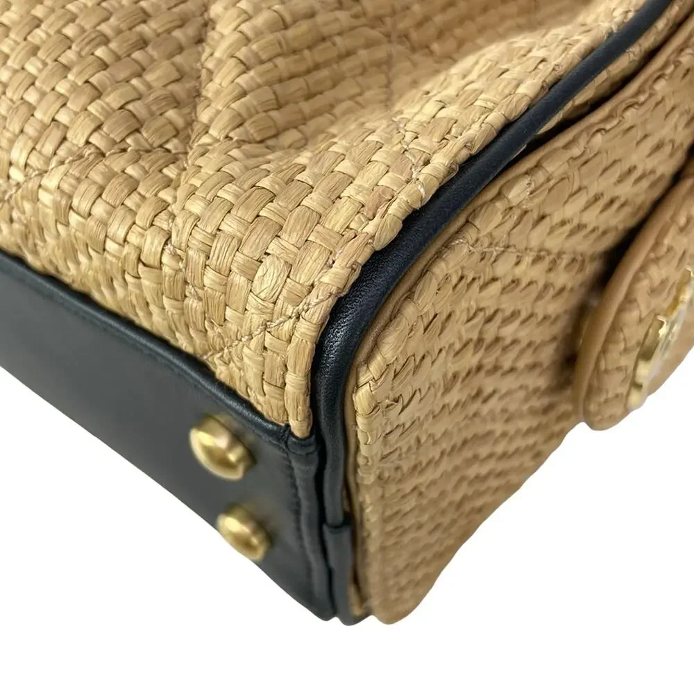 Chanel 25 Shoulder Bag Beige Black Raffia Leather